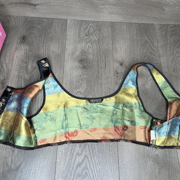 Shein Bustier Womens M Black Metalic Satin Chinese Dragons Lace Up Bra Top Tank - Picture 6 of 10